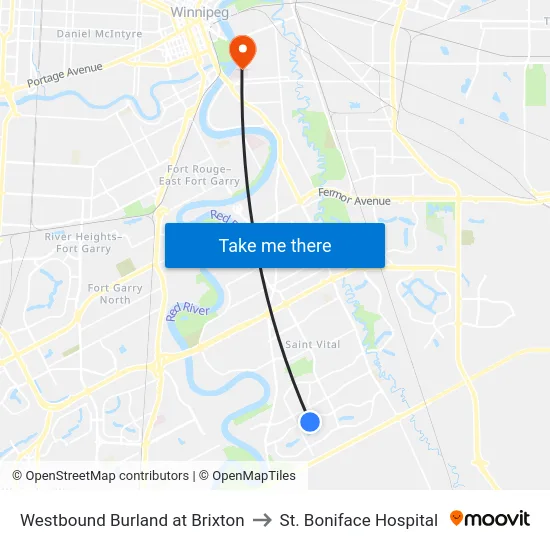 Westbound Burland at Brixton to St. Boniface Hospital map