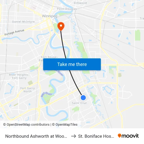 Northbound Ashworth at Woodydell to St. Boniface Hospital map
