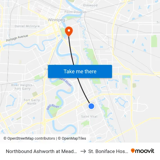 Northbound Ashworth at Meadowood to St. Boniface Hospital map