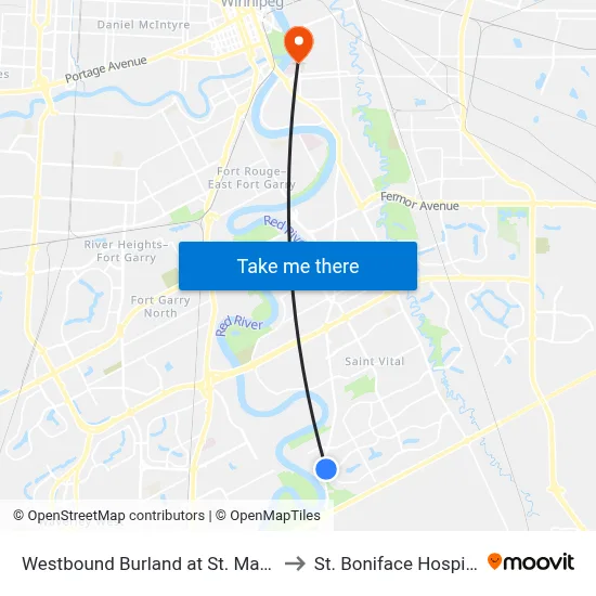 Westbound Burland at St. Mary's to St. Boniface Hospital map