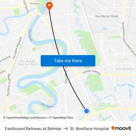 Eastbound Beliveau at Behnke to St. Boniface Hospital map