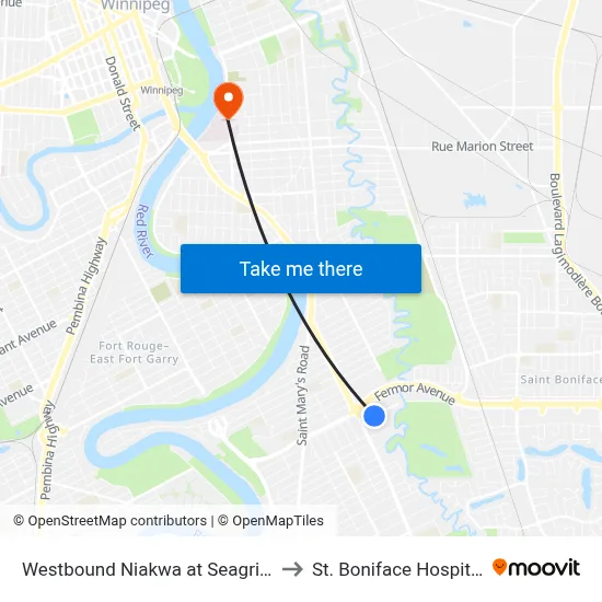Westbound Niakwa at Seagrim to St. Boniface Hospital map