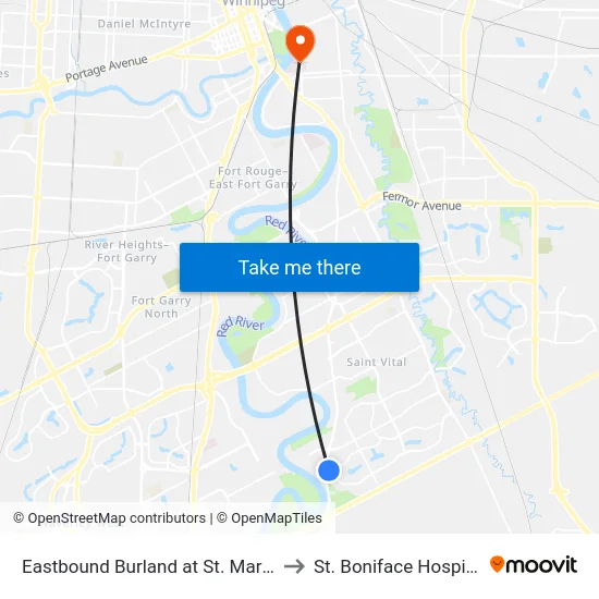 Eastbound Burland at St. Mary's to St. Boniface Hospital map