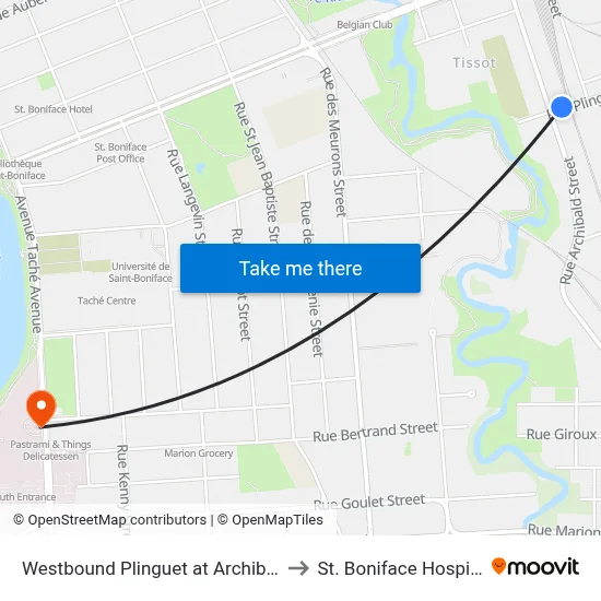 Westbound Plinguet at Archibald to St. Boniface Hospital map