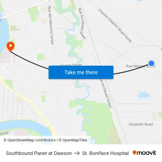 Southbound Panet at Dawson to St. Boniface Hospital map