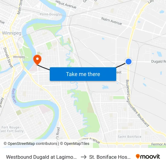 Westbound Dugald at Lagimodiere to St. Boniface Hospital map