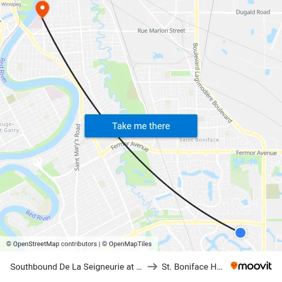 Southbound De La Seigneurie at Desjardins to St. Boniface Hospital map