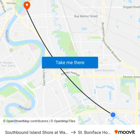 Southbound Island Shore at Waterfront to St. Boniface Hospital map