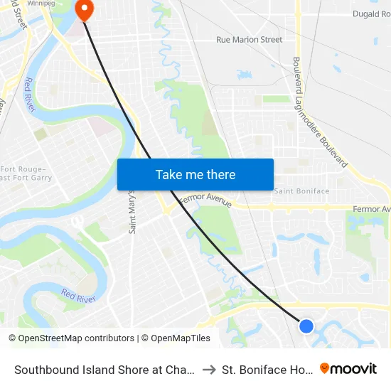 Southbound Island Shore at Charbonneau to St. Boniface Hospital map