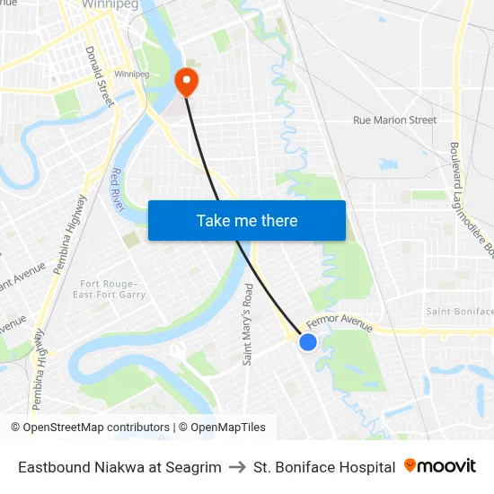 Eastbound Niakwa at Seagrim to St. Boniface Hospital map