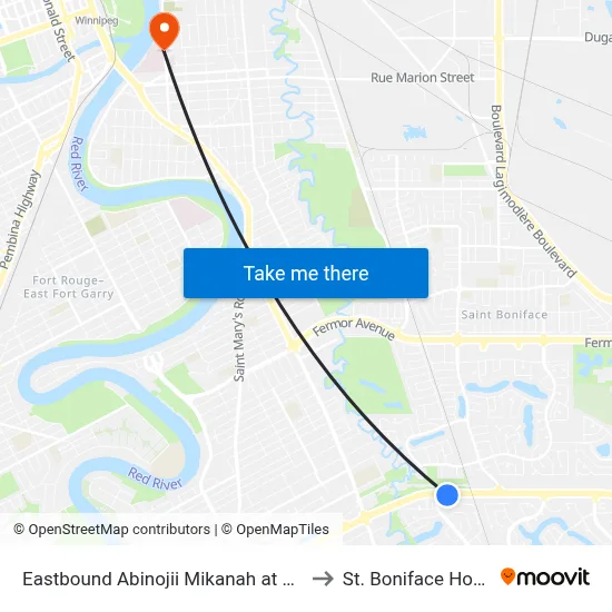 Eastbound Abinojii Mikanah at Shorehill to St. Boniface Hospital map