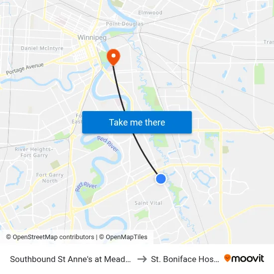 Southbound St Anne's at Meadowood to St. Boniface Hospital map