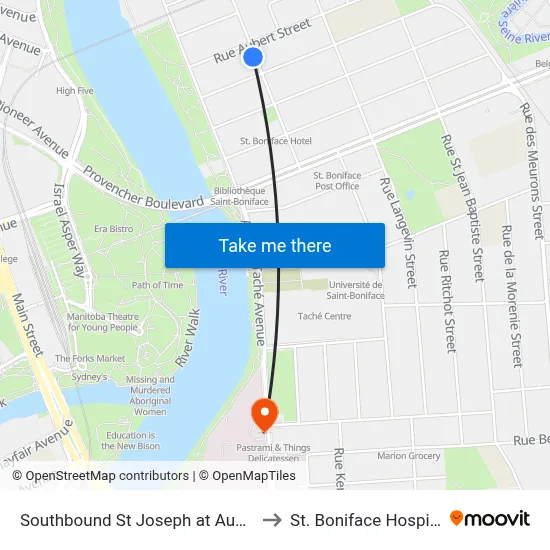 Southbound St Joseph at Aubert to St. Boniface Hospital map
