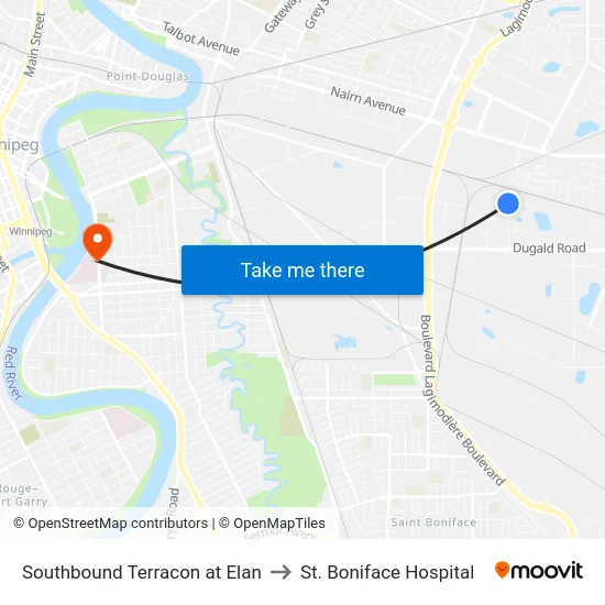 Southbound Terracon at Elan to St. Boniface Hospital map