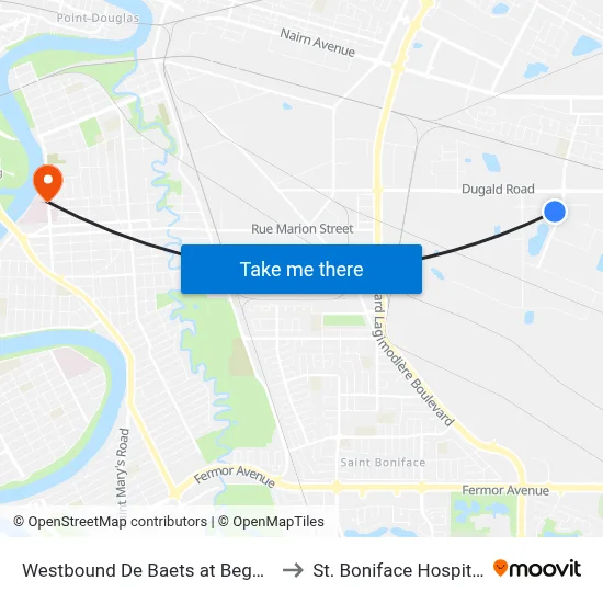 Westbound De Baets at Beghin to St. Boniface Hospital map