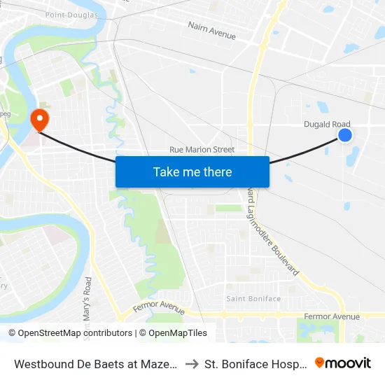 Westbound De Baets at Mazenod to St. Boniface Hospital map