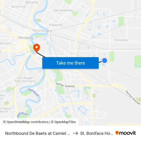 Northbound De Baets at Camiel Sys North to St. Boniface Hospital map