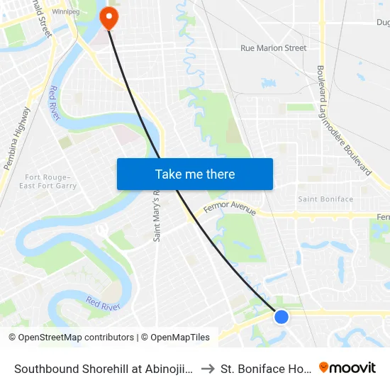 Southbound Shorehill at Abinojii Mikanah to St. Boniface Hospital map