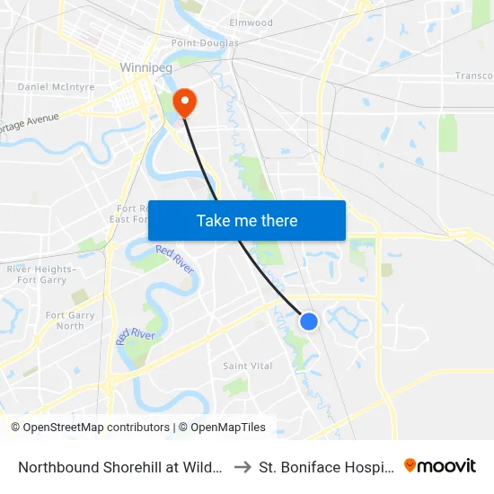 Northbound Shorehill at Wildfire to St. Boniface Hospital map