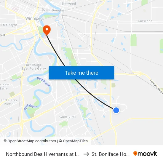 Northbound Des Hivernants at Ironweed to St. Boniface Hospital map