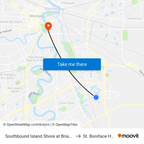 Southbound Island Shore at Brian Monkman to St. Boniface Hospital map