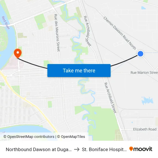 Northbound Dawson at Dugald to St. Boniface Hospital map