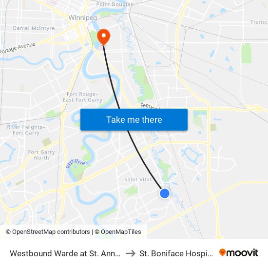 Westbound Warde at St. Anne's to St. Boniface Hospital map