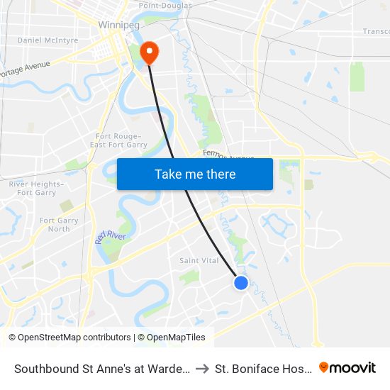 Southbound St Anne's at Warde South to St. Boniface Hospital map