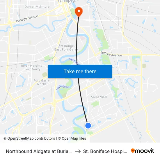 Northbound Aldgate at Burland to St. Boniface Hospital map