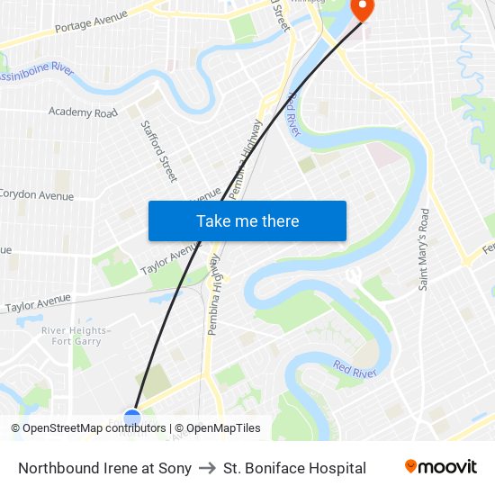 Northbound Irene at Sony to St. Boniface Hospital map