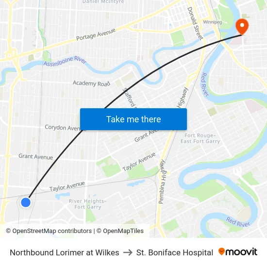 Northbound Lorimer at Wilkes to St. Boniface Hospital map