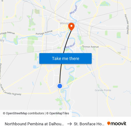 Northbound Pembina at Dalhousie South to St. Boniface Hospital map