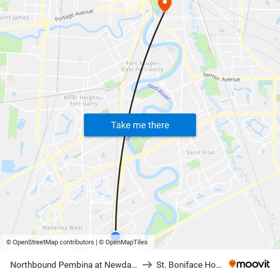 Northbound Pembina at Newdale North to St. Boniface Hospital map