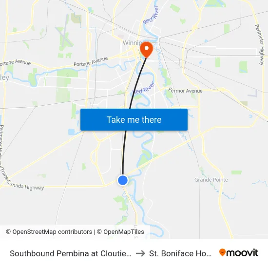 Southbound Pembina at Cloutier South to St. Boniface Hospital map