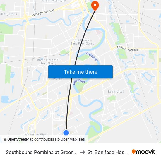 Southbound Pembina at Greencrest to St. Boniface Hospital map