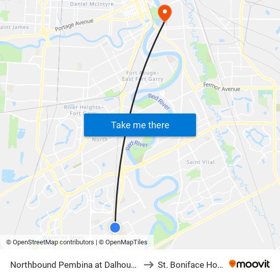 Northbound Pembina at Dalhousie North to St. Boniface Hospital map