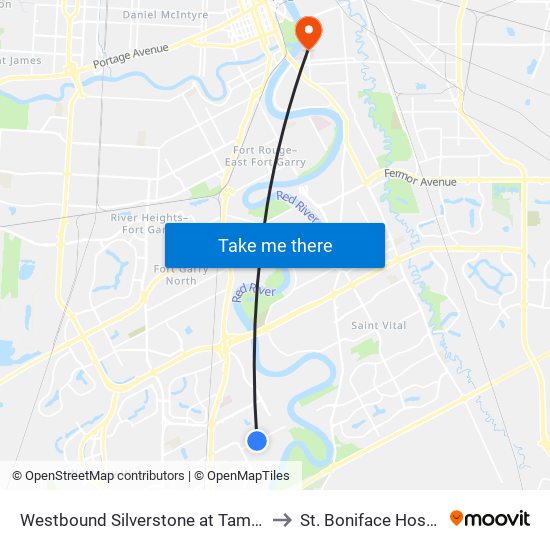Westbound Silverstone at Tamworth to St. Boniface Hospital map