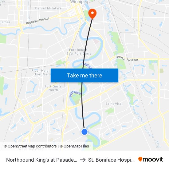 Northbound King's at Pasadena to St. Boniface Hospital map