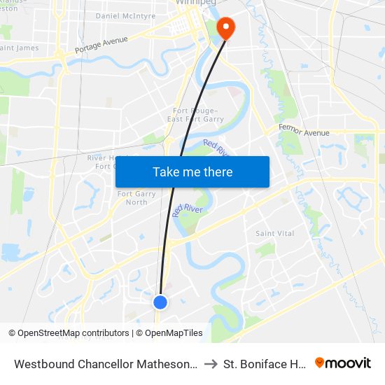 Westbound Chancellor Matheson at Pembina to St. Boniface Hospital map