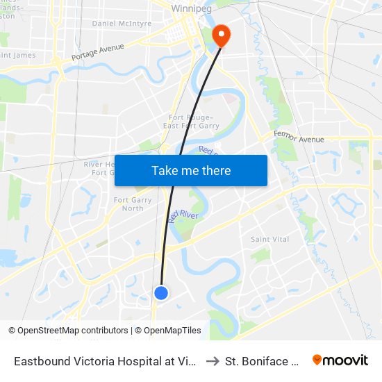 Eastbound Victoria Hospital at Victoria Hospital to St. Boniface Hospital map