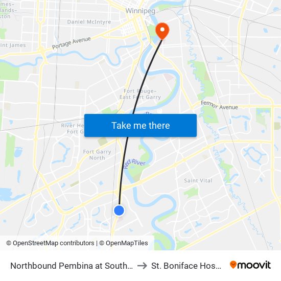 Northbound Pembina at Southpark to St. Boniface Hospital map