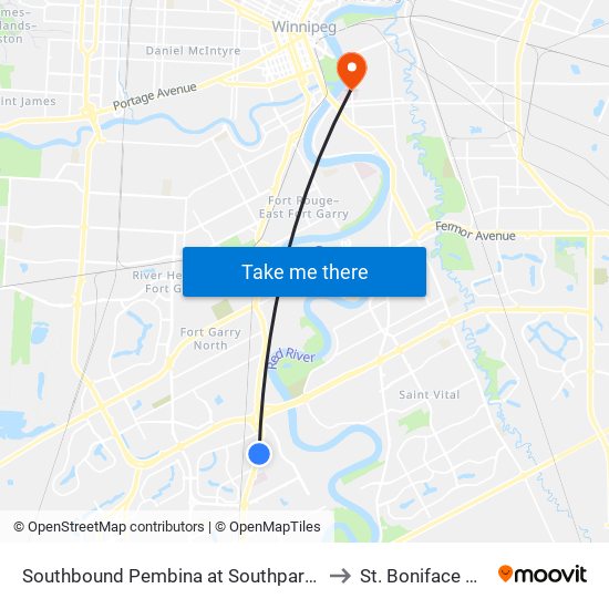 Southbound Pembina at Southpark (Park & Ride) to St. Boniface Hospital map