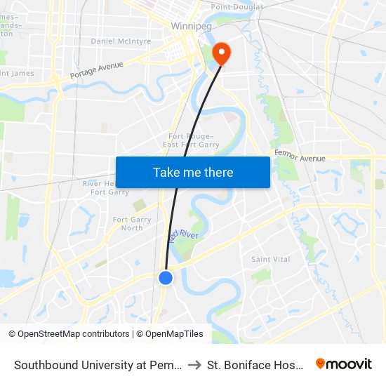 Southbound University at Pembina to St. Boniface Hospital map