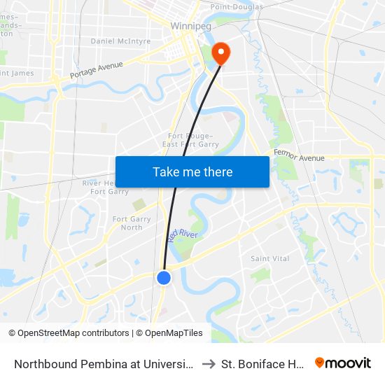 Northbound Pembina at University Crescent to St. Boniface Hospital map