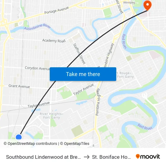 Southbound Lindenwood at Brentcliffe to St. Boniface Hospital map