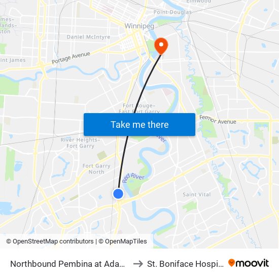 Northbound Pembina at Adamar to St. Boniface Hospital map