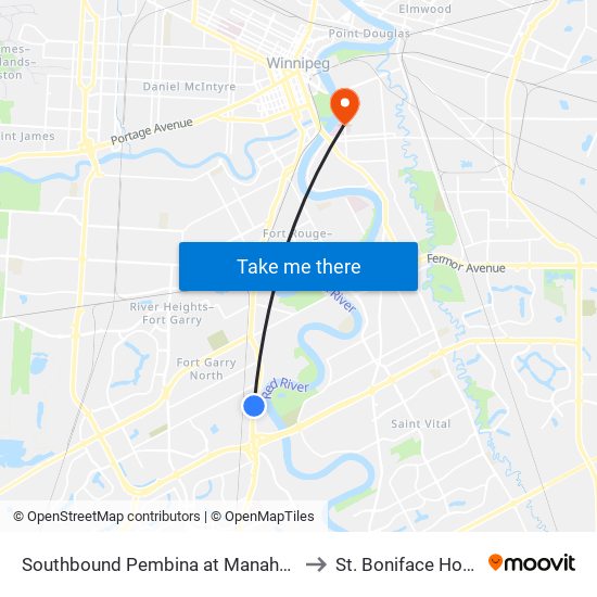 Southbound Pembina at Manahan South to St. Boniface Hospital map