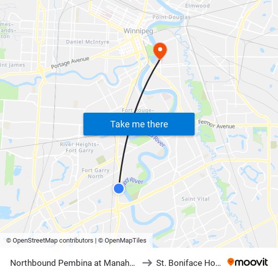 Northbound Pembina at Manahan South to St. Boniface Hospital map