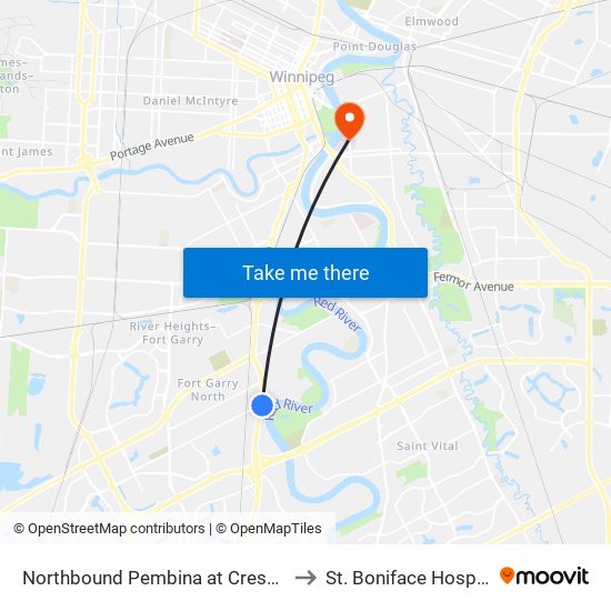 Northbound Pembina at Crescent to St. Boniface Hospital map