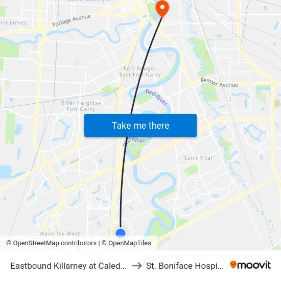 Eastbound Killarney at Caledon to St. Boniface Hospital map